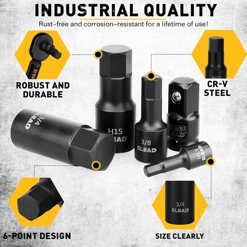 ELEAD Hex Bit Impact Socket Set: 36-Piece with 4 Adapters, 1/4", 3/8", 1/2"Drive Master Allen Socket Set, Cr-V Steel, SAE and Metric, H5-H19 & 3/4"-5/64", Reinforced Storage Case, Automotive Mechanic - Image 3